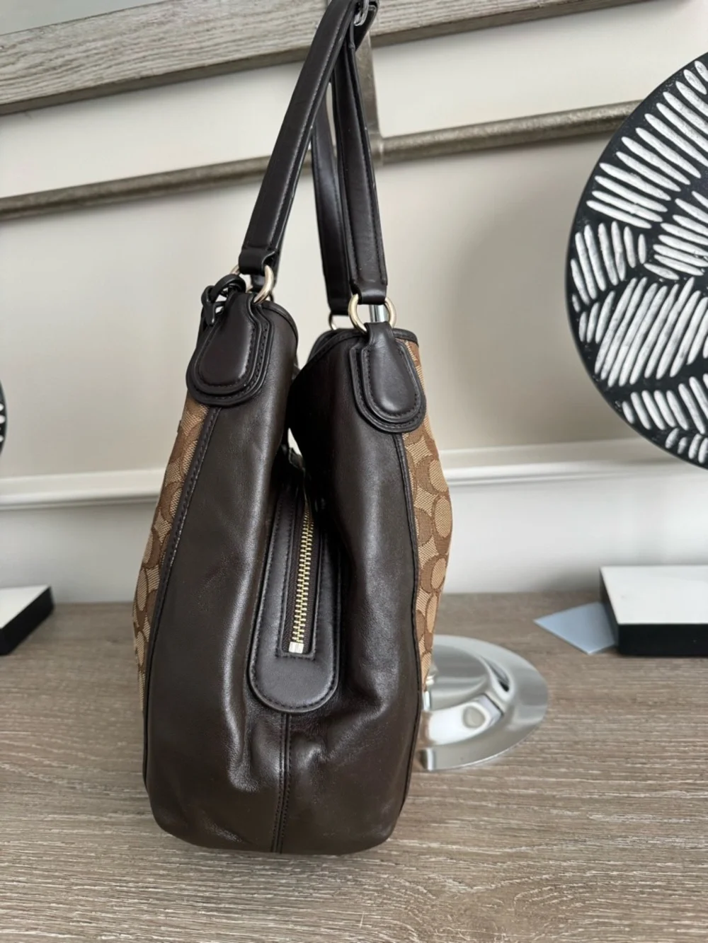 Coach Brown Signature Canvas Shoulder Bag with Dark Brown Trim - Picture 10 of 16